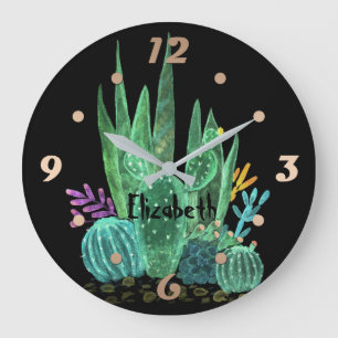 Watercolor, Kaktus, Blumen Große Wanduhr