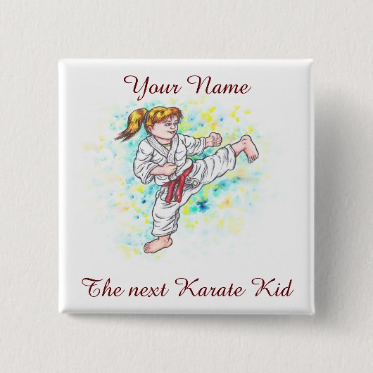 Watercolor Karate Kinder Hochkickgirl Button (Vorderseite)