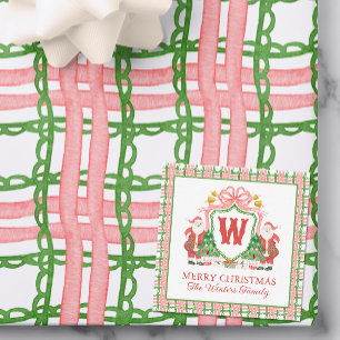 Watercolor Kariert Santa Monogram Wappen Geschenk Mitteilungskarte
