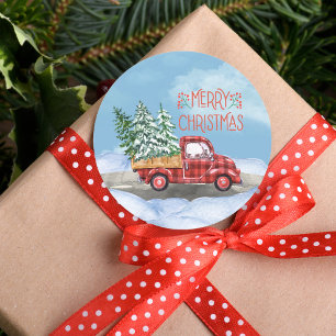 Watercolor-Karo-rot-LKW-Schnee-Frohe-Weihnachten Runder Aufkleber
