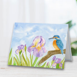 Watercolor Kingfisher with Purple Irises