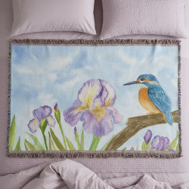 Watercolor Kingfisher with Purple Irises Decke