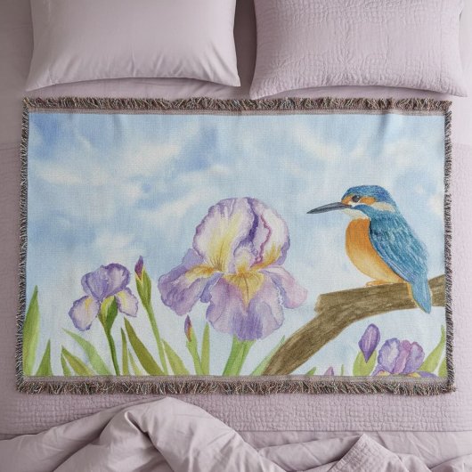 Watercolor Kingfisher with Purple Irises Decke