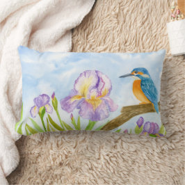 Watercolor Kingfisher with Purple Irises Lendenkissen