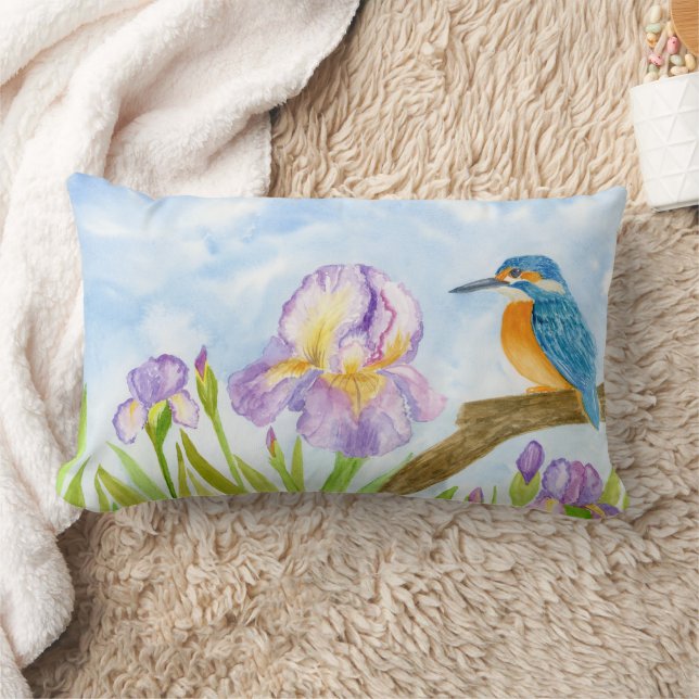 Watercolor Kingfisher with Purple Irises  Lendenkissen (Decke)
