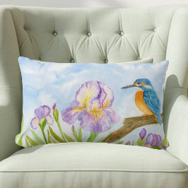 Watercolor Kingfisher with Purple Irises Lendenkissen
