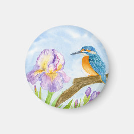 Watercolor Kingfisher with Purple Irises Magnet