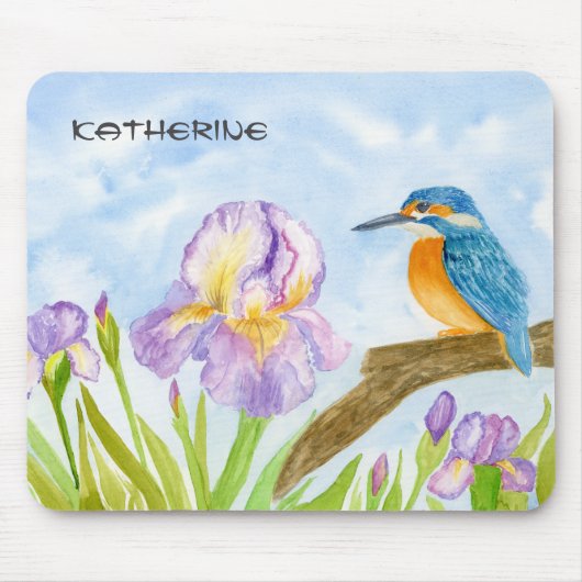 Watercolor Kingfisher with Purple Irises  Mousepad (Vorne)