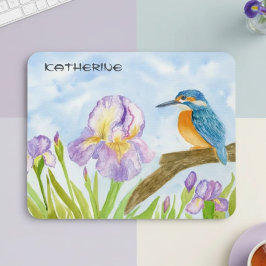 Watercolor Kingfisher with Purple Irises Mousepad