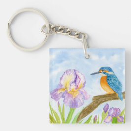 Watercolor Kingfisher with Purple Irises Schlüsselanhänger