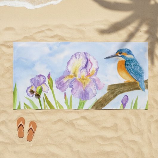Watercolor Kingfisher with Purple Irises Strandtuch