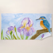 Watercolor Kingfisher with Purple Irises Strandtuch (Vorderseite)