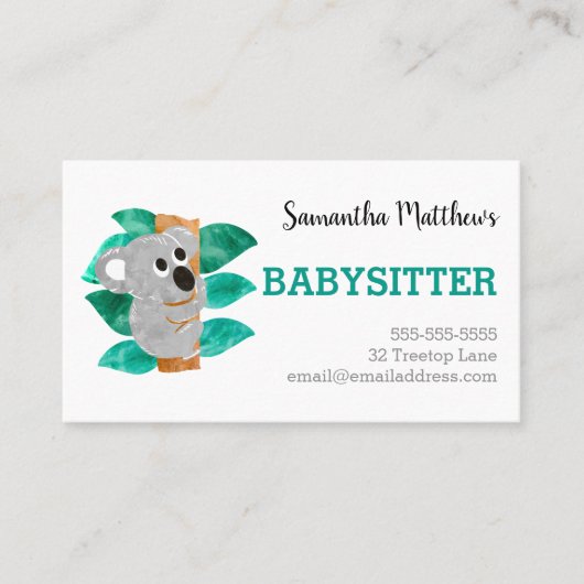 Watercolor Koala Babysitter Childcare Provider Visitenkarte (Vorderseite)