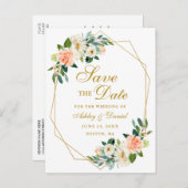 Watercolor-korallenroter Goldmit blumenrahmen Save Ankündigungspostkarte (Vorne/Hinten)