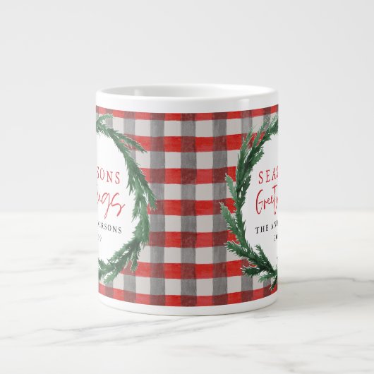 Watercolor-Kranz und Karo Weihnachtsgeschenk Jumbo-Tasse (Vorderseite)