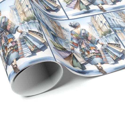 Watercolor-Ladenbesitzerin mit Taschen Geschenkpapier (Rolleneckpunkt)