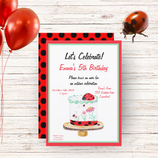 Watercolor Ladybug Cake Birthday Einladung