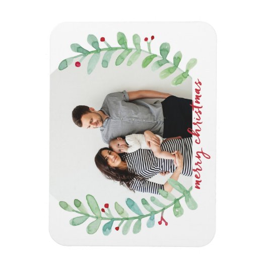Watercolor Laurel Wreath Frohe Weihnachtszeit Foto Magnet (Vertikal)