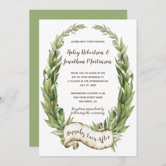 Watercolor Laurel Wreath Scroll Banner Hochzeit Einladung (Vorne/Hinten)