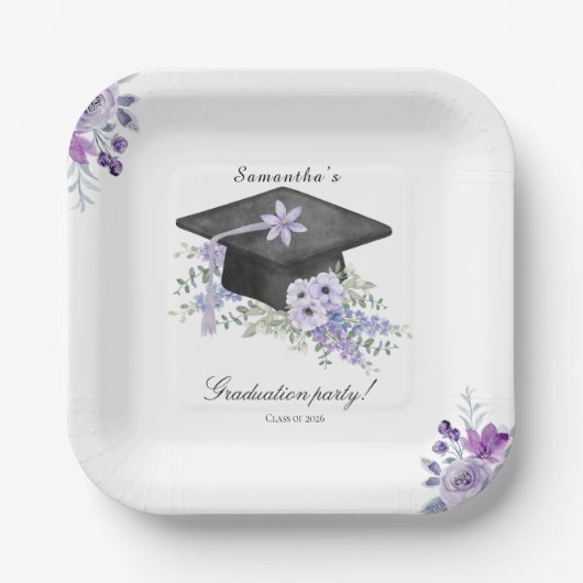 Watercolor  Lavander Purple Floral Graduation  Pappteller (Vorderseite)