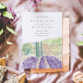 Watercolor Lavendel-Felder, die das Hochzeitdatum  Save The Date