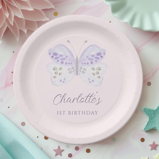 Watercolor Lavender Butterfly 1st Birthday Party Pappteller