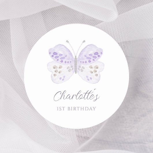 Watercolor Lavender Butterfly 1st Birthday Party Runder Aufkleber