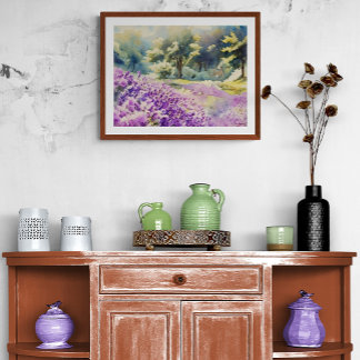 Watercolor Lavender Field Painting Fotodruck