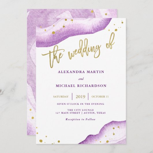 Watercolor Lavender Gold Geode Einladung zur Hochz (Vorne/Hinten)