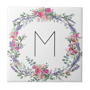 Watercolor Lavender Pink Wild Rose and Eucalyptus Fliese