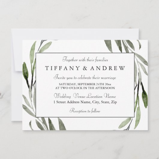 Watercolor Leaf Wreath Border Wedite Einladung (Rückseite)