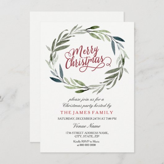 Watercolor Leaf Wreath Weihnachtsfeier Party Einla Einladung (Vorne/Hinten)