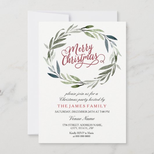 Watercolor Leaf Wreath Weihnachtsfeier Party Einla Einladung (Vorderseite)
