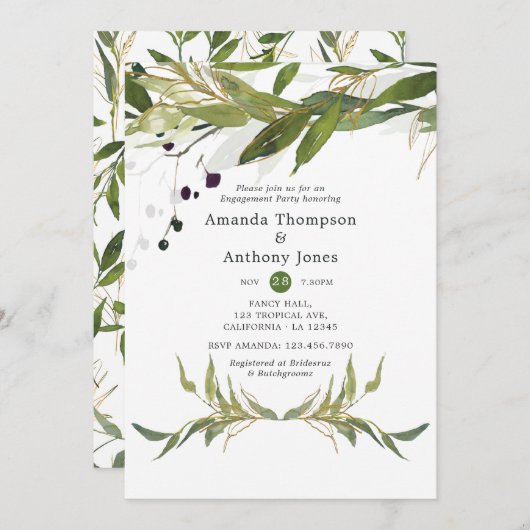 Watercolor Leafy Greenery Engagement Party Einladung (Vorne/Hinten)