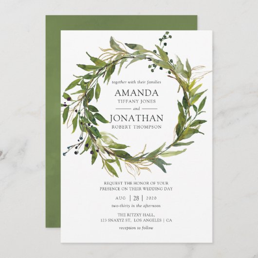 Watercolor Leafy Greenery Wreath Wedding Einladung (Vorne/Hinten)