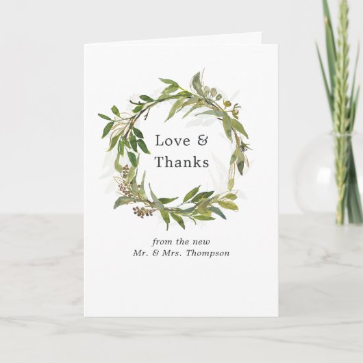 Watercolor Leafy Greenery Wreath Wedding Foto Dankeskarte (Vorderseite)