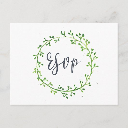 Watercolor Leafy Wreath Wedding RSVP Postkarte (Vorderseite)