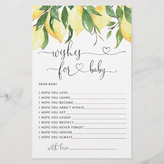 Watercolor Lemon Babydusche Wünsche für Babykarten (Vorderseite)