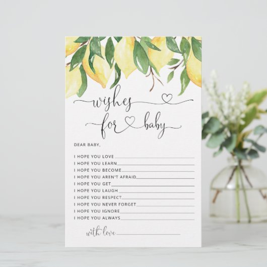 Watercolor Lemon Babydusche Wünsche für Babykarten (Stehend Vorderseite)
