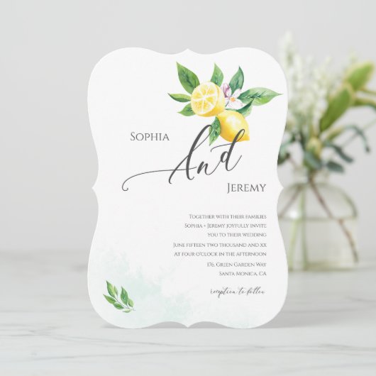 Watercolor Lemon Blossom Sommerhochzeit Einladung (Stehend Vorderseite)