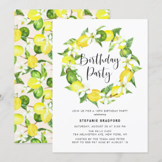 Watercolor Lemon Blossom Wreath Birthday Party Einladung