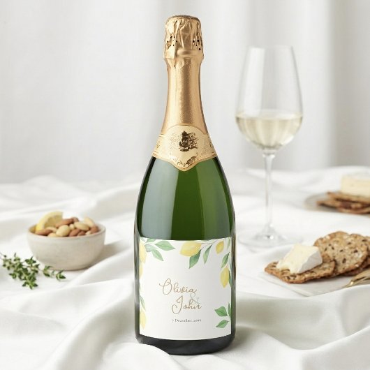 Watercolor Lemon Citrus Green Wedding Schaumweinetikett