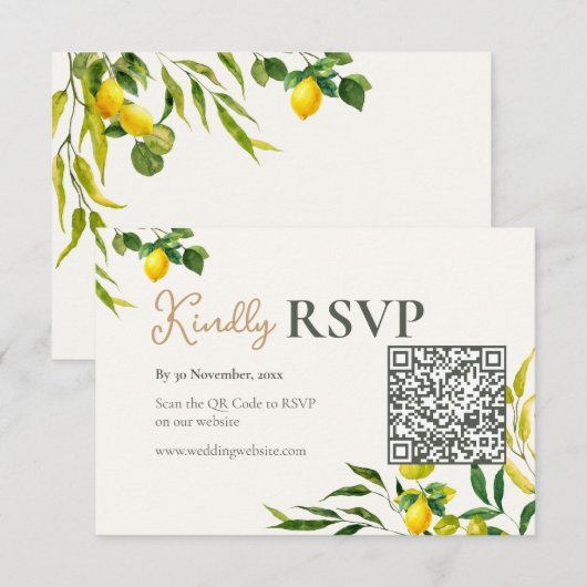 Watercolor Lemon Citrus QR Code Wedding RSVP Card Karte (Vorne/Hinten)