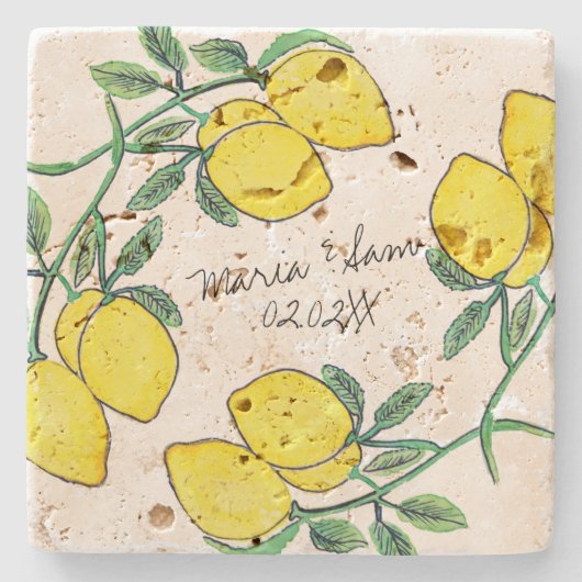 Watercolor Lemon Citrus Script Wedding Steinuntersetzer (Vorderseite)