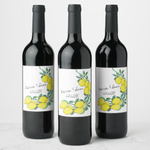 Watercolor Lemon Citrus Script Wedding Weinetikett