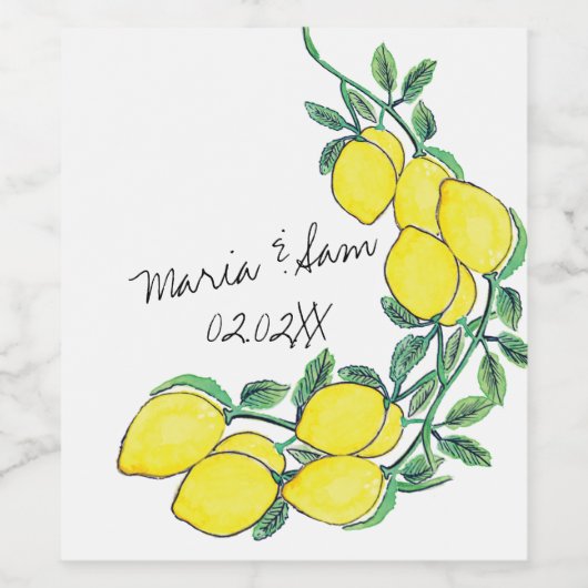 Watercolor Lemon Citrus Script Wedding Weinetikett (Einzelnes Label)