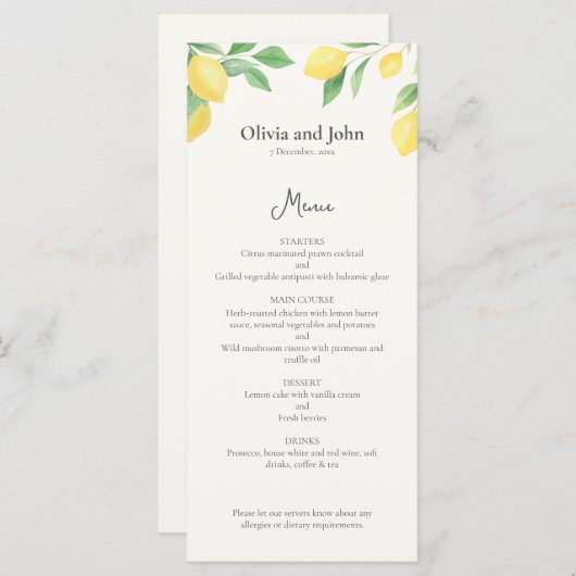Watercolor Lemon Foliage Elegant Wedding Menu Menükarte (Vorne/Hinten)