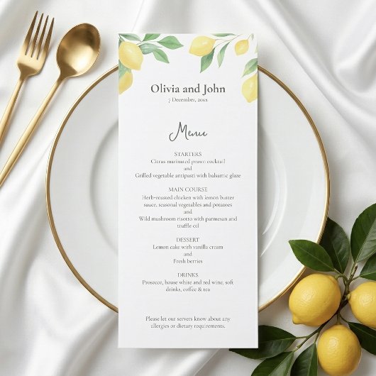 Watercolor Lemon Foliage Elegant Wedding Menu Menükarte