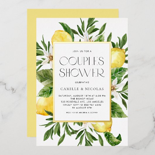 Watercolor Lemon Frame Botanical Couples Shower Folieneinladung (Vorderseite/Rückseite)
