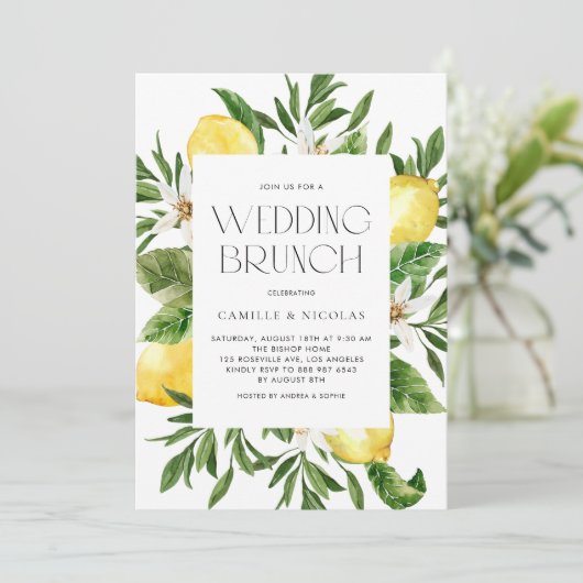 Watercolor Lemon Frame Botanical Wedding Brunch Einladung (Stehend Vorderseite)